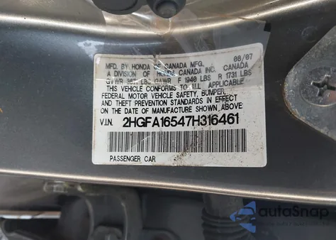 2007 Honda Civic Lx z USA, uszkodzony, nr VIN 2HGFA16547H316461